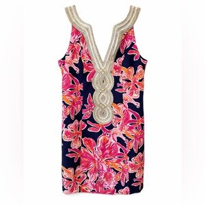 Lilly Pulitzer Valli Shift Dress Navy Blue Pink Floral Metallic Trim Size 4